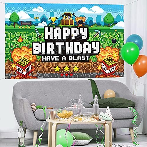 Piksel Mutlu Doğum Günü Zemin, Piksel Tema Fotoğraf Arka Plan, 73 x 43 Ekstra Büyük Madencilik Blok Oyunu Banner Burcu Erkek