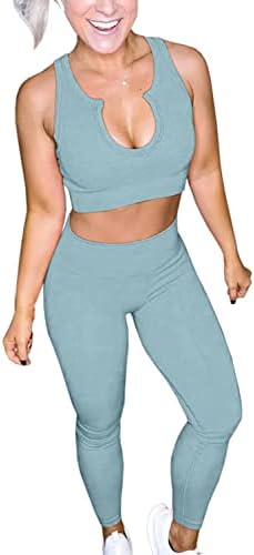 FAFOFA Egzersiz Kıyafetleri Kadınlar için 2 Parça Nervürlü Dikişsiz Kırpma Tankı Yüksek Bel Yoga Tayt Setleri
