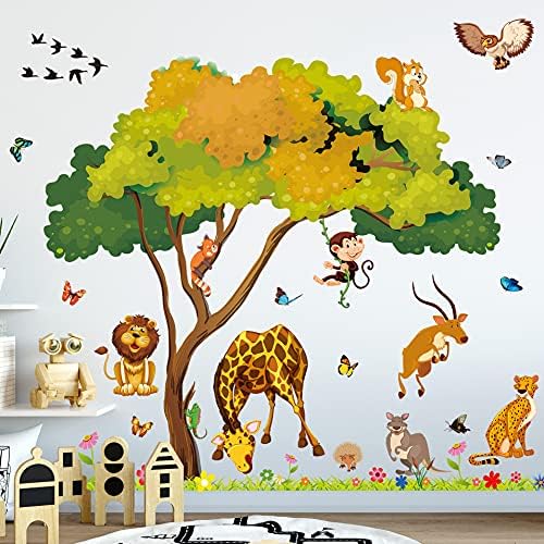 Amaonm Orman Hayvan ve Ağaç Duvar Çıkartmaları Çıkarılabilir DIY Çiçek Aslan Zürafa Baykuşlar Duvar Sticker Peel ve Sopa Duvar