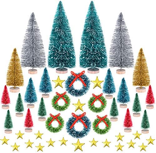 46 Adet Mini Noel Çam Ağaçları ve Ağaç Topper Seti, masa Üstü şişe fırçası Ağaçları Sisal Buzlu Noel Ağaçları Mini Çelenk Altın