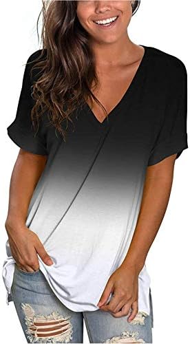 Lucaintus kadın Moda Baskı Rahat Degrade V Yaka Kısa Kollu Gevşek T-Shirt Tops (Siyah,XL)