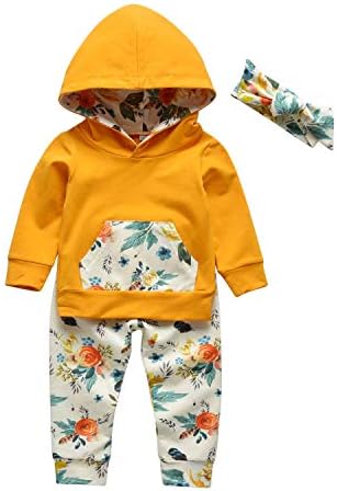 Bebek kız giyim uzun kollu çiçek Hoodie Sweatshirt pantolon cep kafa bandı kıyafet setleri ile