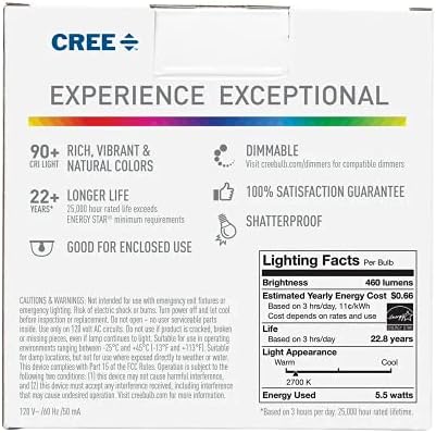 Cree Aydınlatma Olağanüstü Serisi A19 Ampul, 2700K Kısılabilir LED Ampul, 40W + 460 Lümen, Yumuşak Beyaz, 2 Paket