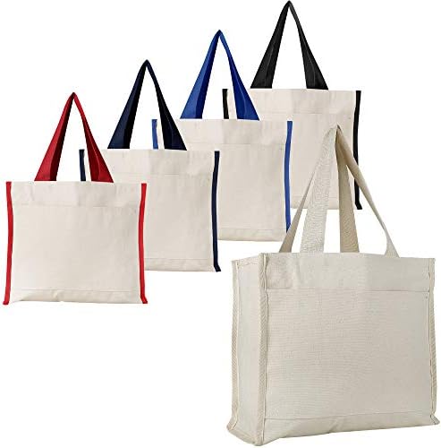Heavy Duty Blank Canvas Tote Bags in Bulk - 12 Pack - Toptan Ön Cep ve Web Kolları ile Sağlam Pamuk Kanvas Çanta