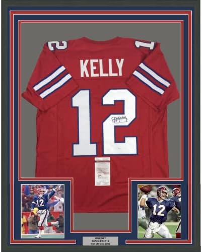 Çerçeveli İmzalı / İmzalı Jim Kelly 33x42 Buffalo Bills Kırmızı Futbol Forması JSA COA