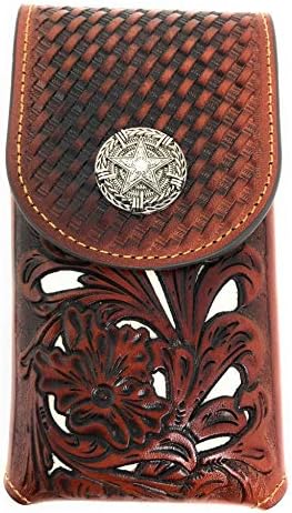 Texas Batı Batı Kovboy Tooled Çiçek Deri Lone Star Concho Kemer Döngü Orta Cep Telefonu Kılıfı Kılıf (Siyah / Turkuaz)