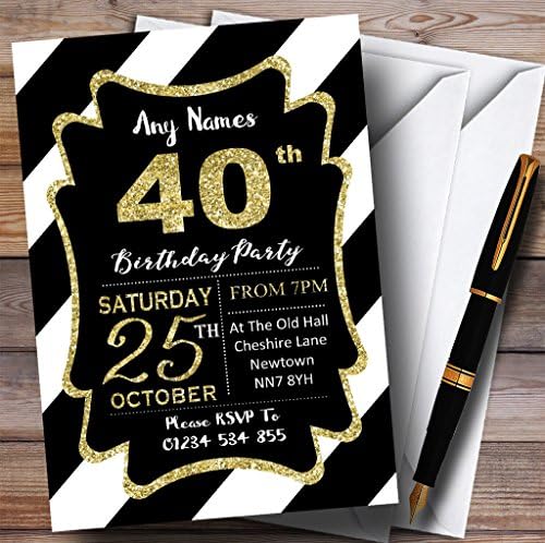 Siyah Beyaz Çapraz Çizgili Altın 40. Kişiselleştirilmiş Doğum Günü Partisi Davetiyeleri