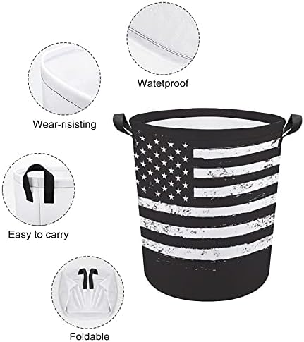Kolları İle siyah Ve Beyaz ABD Bayrağı Çamaşır Torbası Yuvarlak Sepet Su Geçirmez Depolama Sepeti Katlanabilir 16. 5x17. 3