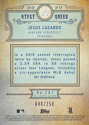 2020 Çingene Kraliçesi Indigo Beyzbol 287 İsa Luzardo RC Çaylak Kartı SER/250 Oakland Atletizm Topps Şirketinden Resmi MLB