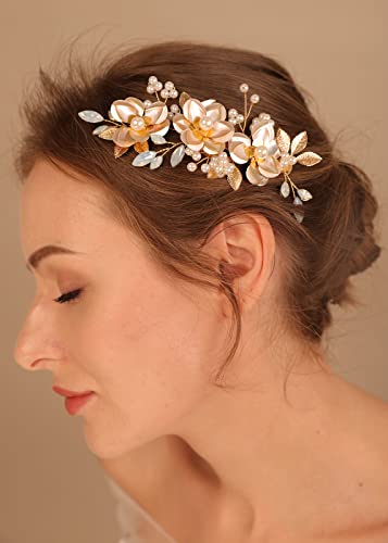 Denifery Gelin Düğün Saç Tarak Klip Altın Çiçek Gelin Saç Klip Opal Rhinestone Klip Düğün saç aksesuarı Kadınlar ve Kızlar