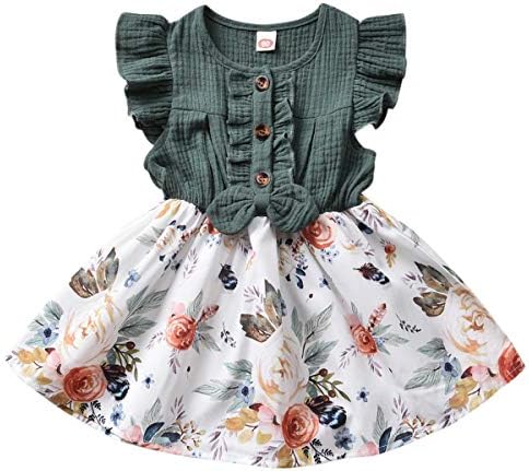 Toddler Bebek Kız Casual Çiçek Elbise Patchwork Fırfır Düğme Aşağı Tutu Etek Elbise Kıyafet