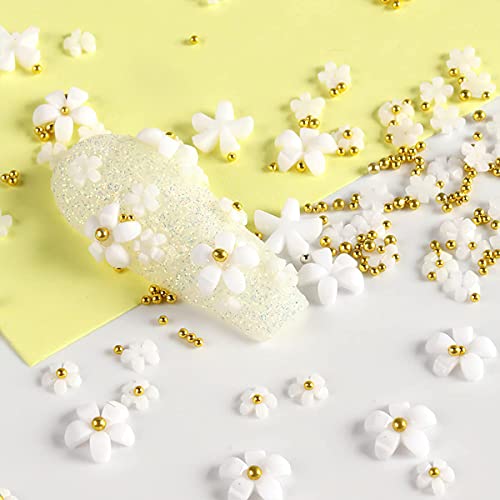 3D Beyaz Çiçek Nail Art Charms CHANGAR Beş Petal Çiçek Nail Art Dekorasyon Havyar Yuvarlak Boncuk İnci Akrilik Nail Art Damızlık