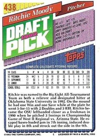 1993 Topps Altın Beyzbol 438 Ritchie Moody RC Çaylak Kartı Texas Rangers Topps Şirketinden Resmi MLB Ticaret Kartı