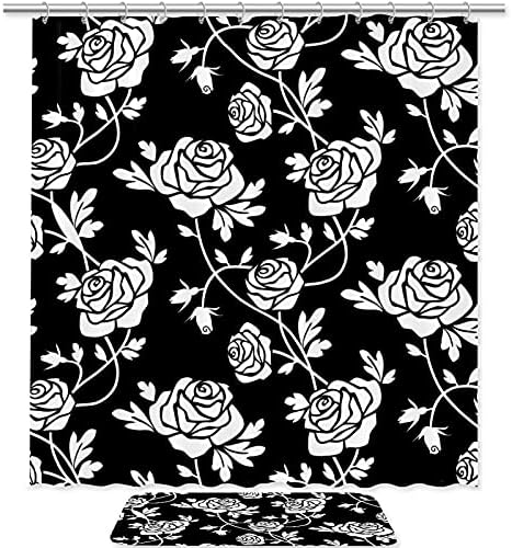 Beyaz Güller Üzerinde Siyah Duş Perdesi ve Mat Seti, Banyo Kumaş Perdeler Su Geçirmez Renkli Komik Hooks ile, 70.8 tarafından