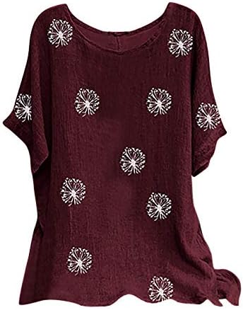 Dosoop Kadın Vintage Pamuk-Blend Gömlek Crewneck Kısa Kollu Çiçek Baskı Rahat Gevşek Fit T-Shirt Üst Bluz