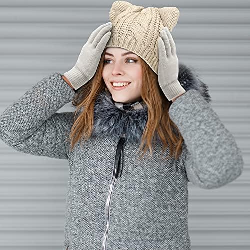 Kış Kız Örme Kedi Şapka ve Kaymaz Dokunmatik Eldiven, Kadın Kedi Kasketleri Kedi Kulakları Örgü Şapka Tığ Bere Şapka