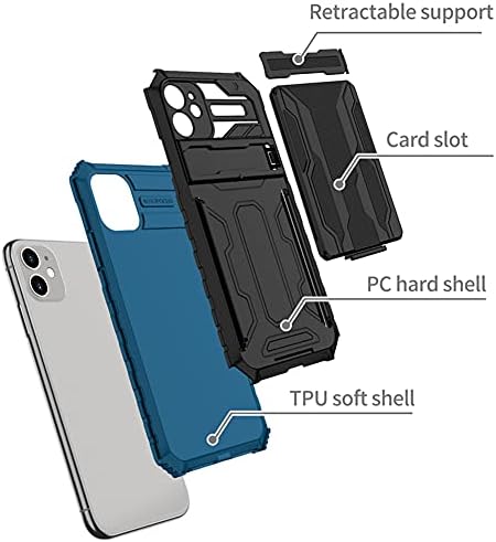 SHUNDA iPhone için kılıf 11, Ultra İnce TPU Softshell + PC Sert Kabuk Kickstand Kılıf Kart Yuvası ile-Mavi