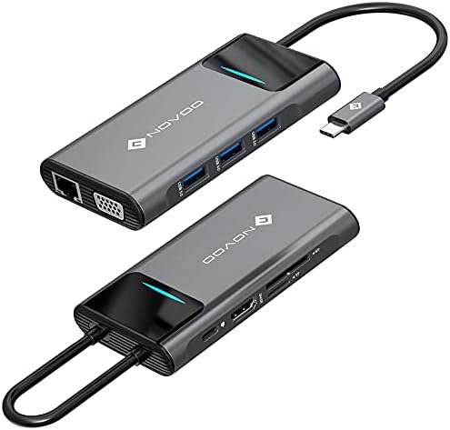 USB C Yerleştirme İstasyonu Çift Monitör, NOVOO 9 in 1 USB C Hub HDMI VGA Gigabit Ethernet 100 W PD 3 USB Bağlantı Noktası,