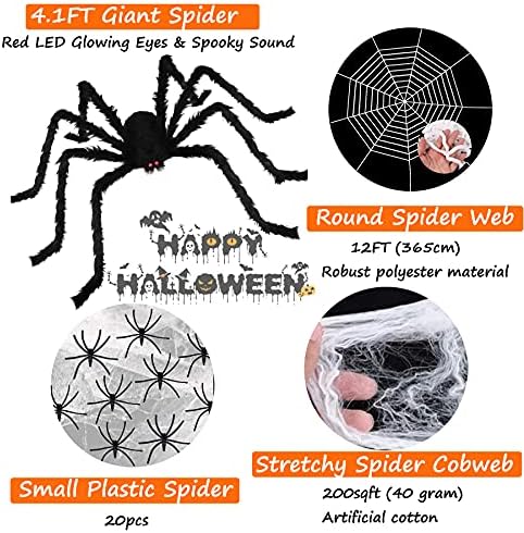 Cadılar bayramı Örümcek Süslemeleri Açık-4.1 ft Dev Korkunç Örümcek ile Kırmızı Parlayan LED Gözler ve Ürkütücü Ses + 12ft