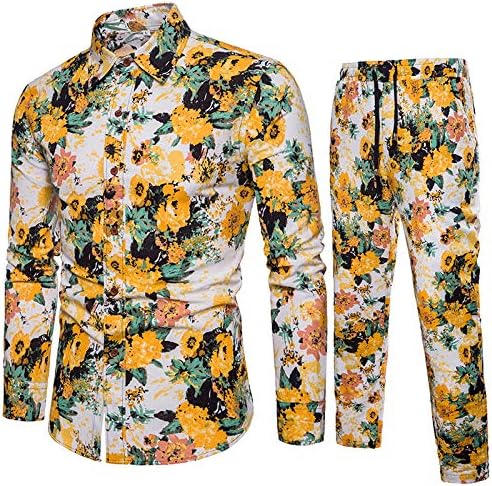KİSSQİQİ erkek 2 Parça eşofman çiçek gömlek uzun kollu gömlek ve pantolon takım elbise Rahat Hawaiian