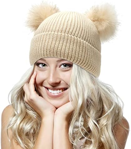 Kış Çift Pom Pom Bere Şapka Ayrılabilir Kürk Topu Sevimli Kap Sıcak Yumuşak Kablo Örgü Şapka Kulakları ile Kadınlar için