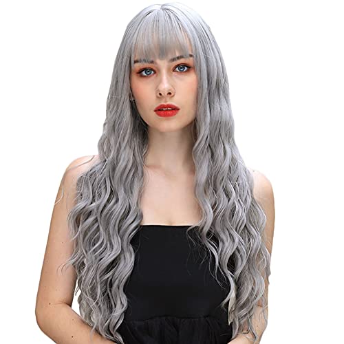 70 cm Gümüş Gri Peruk Doğal Uzun Dalgalı peruk Hava Patlama Ile ısıya dayanıklı sentetik Saç peruk Kadınlar ıçin Ipek Uzun