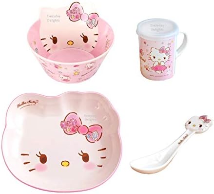 Hello Kitty Sevimli Pembe Yemek Sofra Takımı Yemek Seti-Plaka Kase Fincan Kaşık, 4 adet