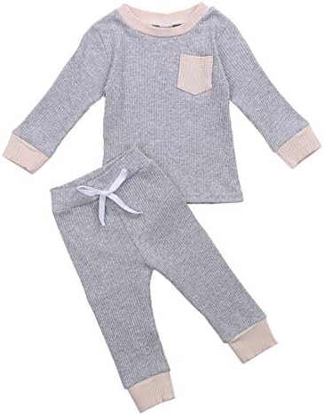 Unisex Toddler Bebek Kız Erkek Sonbahar ve Kış Düz Renk Pamuk Örme Kıyafetler Uzun Kollu Fırfır Romper + Pantolon Giysileri