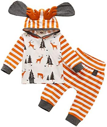 Bebek Kız Erkek Noel Kıyafetler Toddler Geyik Boynuzları Şapka Hoodie Tops + Şerit Pantolon Giysileri