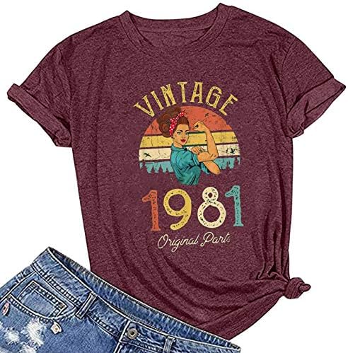 Dosoop Vintage 1981 Tshirt Kadın 40th Doğum Günü Hediyeleri Gömlek Retro Kısa Kollu Parti Komik Rahat Tatil Tee Tops