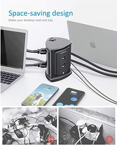 USB C Güç Şeridi Kulesi, SAFEMORE 4 Çıkış 3 USB-A Bağlantı Noktası (3.1 A) ve 1 Tip C Güç Teslimatı 18W Şarj Cihazı, 6.5 ft