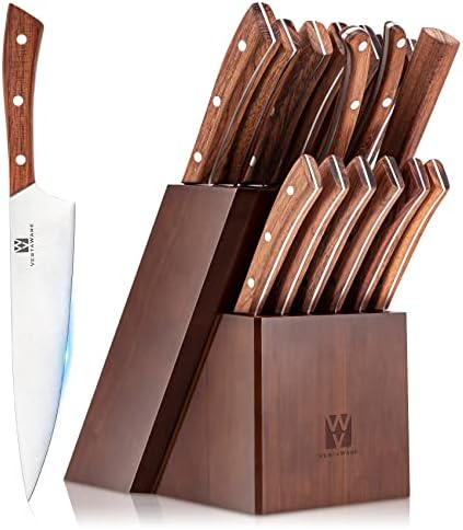 Bıçak Seti,Ahşap Bloklu Vestware Mutfak Bıçağı Seti, Profesyonel Bıçak Kalemtıraşlı 16 Parçalı Bıçak Seti, Şef Bıçağı ve Biftek