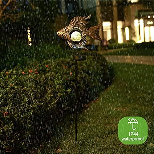 OHINGLT LED ışıkları güneş ışıkları açık bahçe heykelcik balık Crackle cam küre bahis ışıkları Metal balık Led lamba su geçirmez