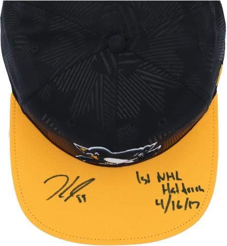 Jake Guentzel Pittsburgh Penguins İmzalı Siyah Fanatikler Snapback Cap, 1. NHL Hat Trick 4/16/17 Yazıtlı - 17 İmzalı NHL Şapkalarının