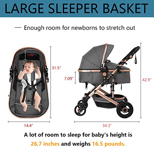 Yenidoğan Bebek için Cabrio Beşik ile Bebek Arabası - Uyku ve Oturma Cabrio Modu 2-in-1 Yüksek Peyzaj Toddler Arabası (Gri)