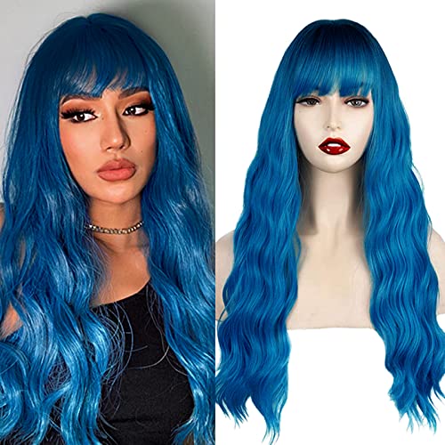 Mavi Uzun Dalgalı peruk Kadınlar ıçin Patlama ıle Gevşek Dalga Kıvırcık sentetik ısıya dayanıklı iplik Ombre 24 inç Cosplay