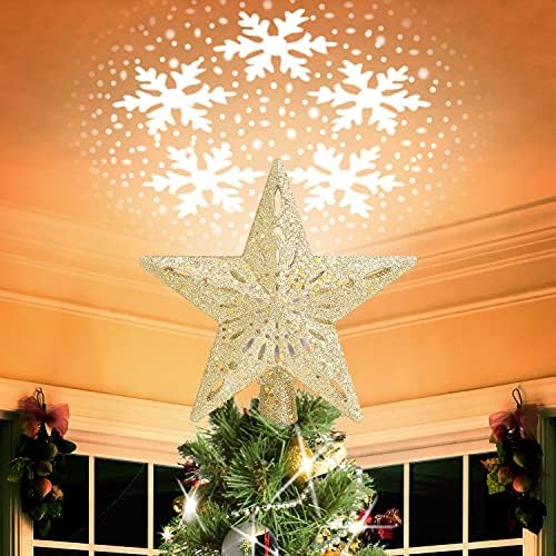 Noel Ağacı Topper Işıklı Yıldız Dönen Kar Tanesi Projektör 3D Hollow Glitter Işıklı Altın Ağacı Topper Noel Ağacı Süslemeleri