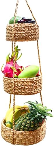 Boho Asılı Meyve Sepeti-Mutfak için 3 Katmanlı Meyve Sepeti-Doğal Su Sümbülü Dokuma Depolama Sepeti-Meyveler, Sebzeler, Bitkiler