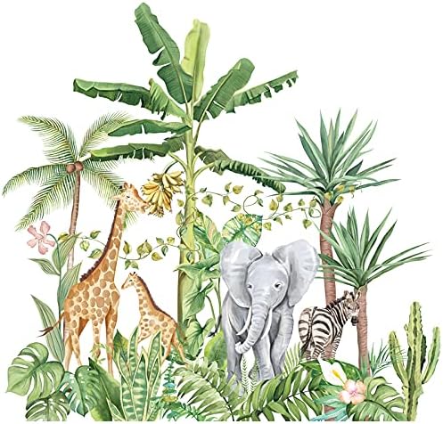 Jameswish Tropikal Yeşil Bitkiler Hayvanlar Duvar Sticker Orman Hayvanlar Fil Zürafa Zebra Yağmur Ormanlarında Duvar Çıkartmaları