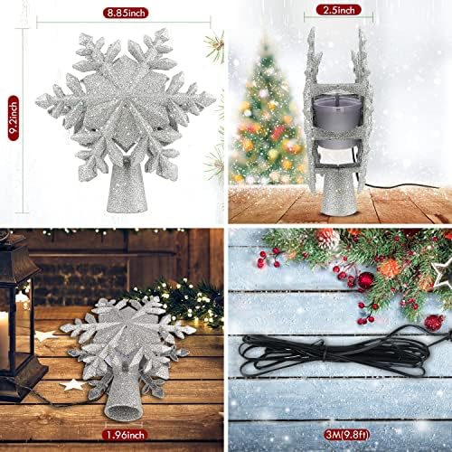 Noel Ağacı Topper,Ayarlanabilir Döner LED Projektör ile Işıklı Noel Ağacı Topper, Kar Tanesi Ağacı Topper, 3D Gümüş Glitter