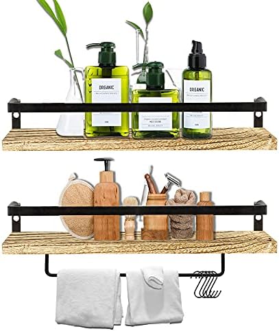 U / D UD OUQMVQ Rustik Banyo Raf Havlu Bar & Hooks ile 2 Set, Yüzer Raflar için Mutfak, yatak Odası Kapalı, doğal Ahşap