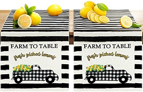 2 Parça Yaz Limon Kamyon Masa Koşucu Siyah Beyaz Şerit Ülke Tarzı Ekose Kamyon ile Taze Aldı Limonlar Dekor için Çiftlik Mutfak