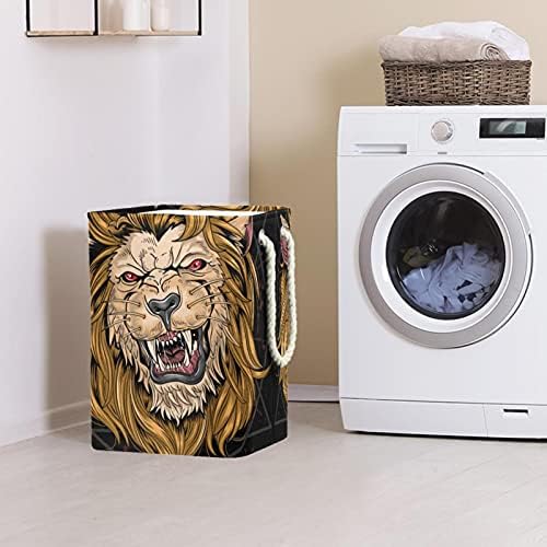 Su geçirmez çamaşır sepeti Büyük Katlanabilir çamaşır sepeti Kolu İle 4 Ayrılabilir Çubuk, aslan Fierce Kafa Yatak Odası Depolama