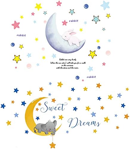Uyku Fil Gülümseyen Ay Yıldız Duvar Sticker Çıkartması, Güzel Tatlı Rüya Hayvanlar Duvar Kağıdı Dekor, DIY Sanat Mural için
