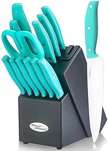 KYA24 14 Parça mutfak bıçak blok seti ile Dahili Bıçak Kalemtıraş + KYA59 Titanyum Kaplı Paslanmaz Çelik Uzun Sap Kaşık
