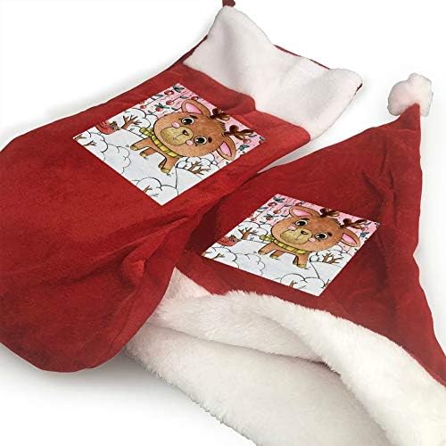 JİUCHUAN Noel Çorap ve Şapka Seti, sevimli Geyik Beyaz Kar Kuş Noel Çorap ve Santa Şapka Klasik Kırmızı ve Beyaz Noel Yeni