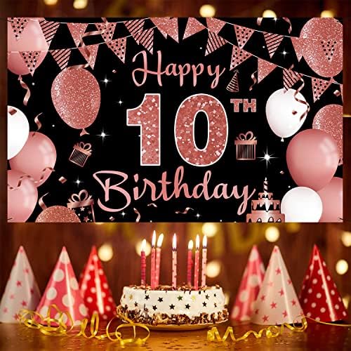 10th Doğum Günü Süslemeleri Zemin Afiş, siyah Gül Altın Mutlu 10th Doğum Günü Dekorasyon için Kız, çift Haneli 10 Yaşındaki