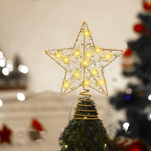 11.4 Noel Yıldız Ağacı Topper, Altın Boncuk Twined Yıldız Hollow Ağacı Topper, Dahili 15 Ampuller Altın Ağacı Toppers için