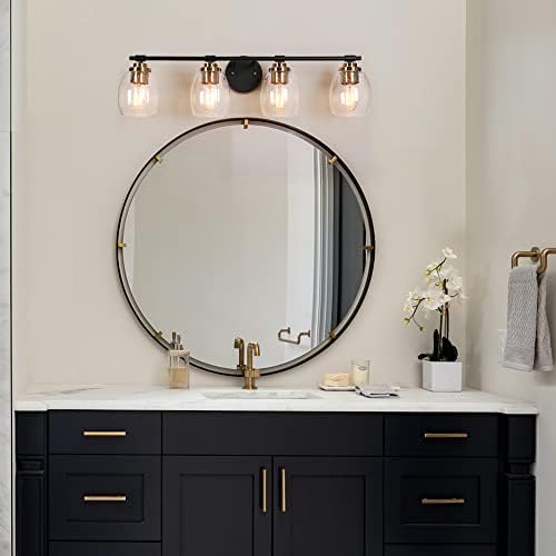 Durent Aydınlatma Modern Banyo Aydınlatma Armatürleri, Siyah Altın Kaplamalı Ayna üzerinde Tohumlu Cam 4 ışık Banyo Vanity