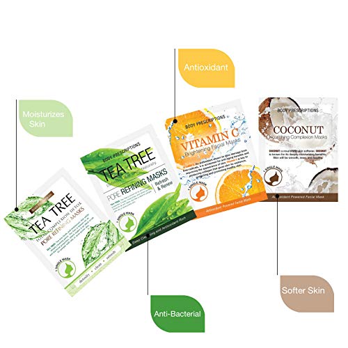 Body Prescriptions Sheet Mask Set-C Vitamini, Çay Ağacı ve Hindistancevizi içeren 4 Yüz Maskesi Paketi, Besleyici, Nemlendirici